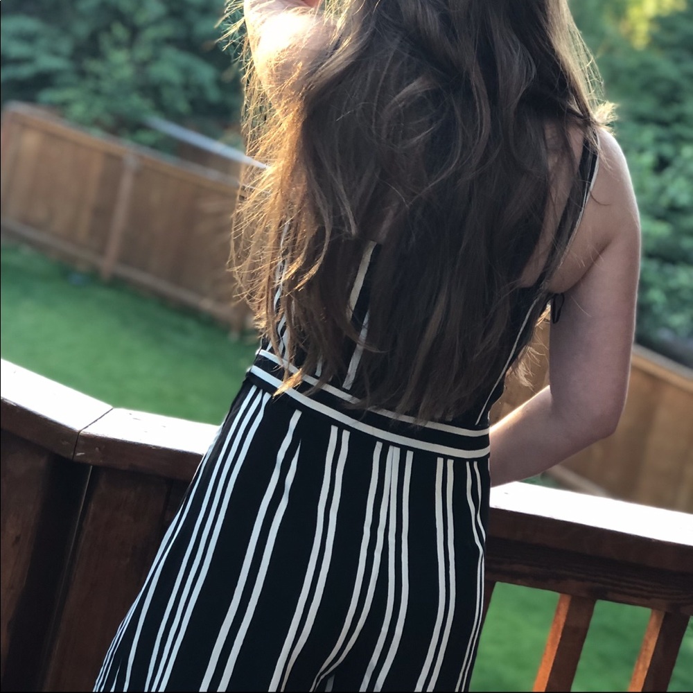 Striped strapless jumpsuit, black and white